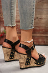 Black Rivet Buckle Closure Wedge Sandals