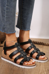 Black Hollowed PU Leather Straps Wedge Sandals