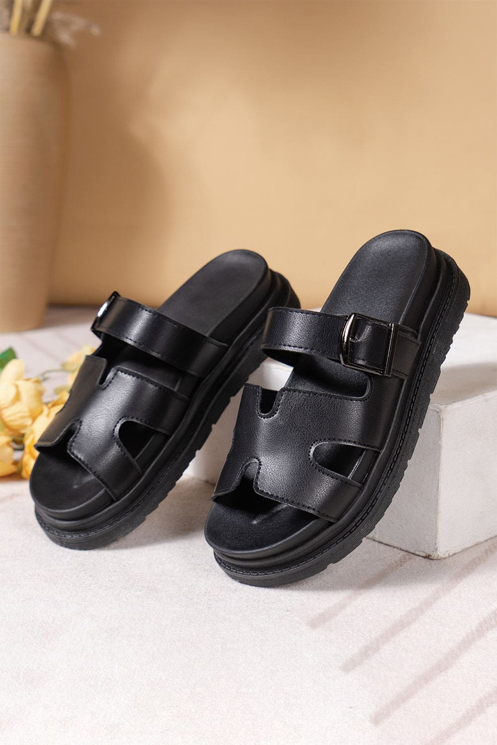 Black Solid Color Leather Buckle Strap Slippers
