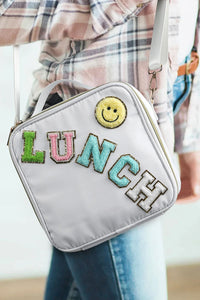 Wholesale White LUNCH Chenille Embroidered Square Shoulder Bag
