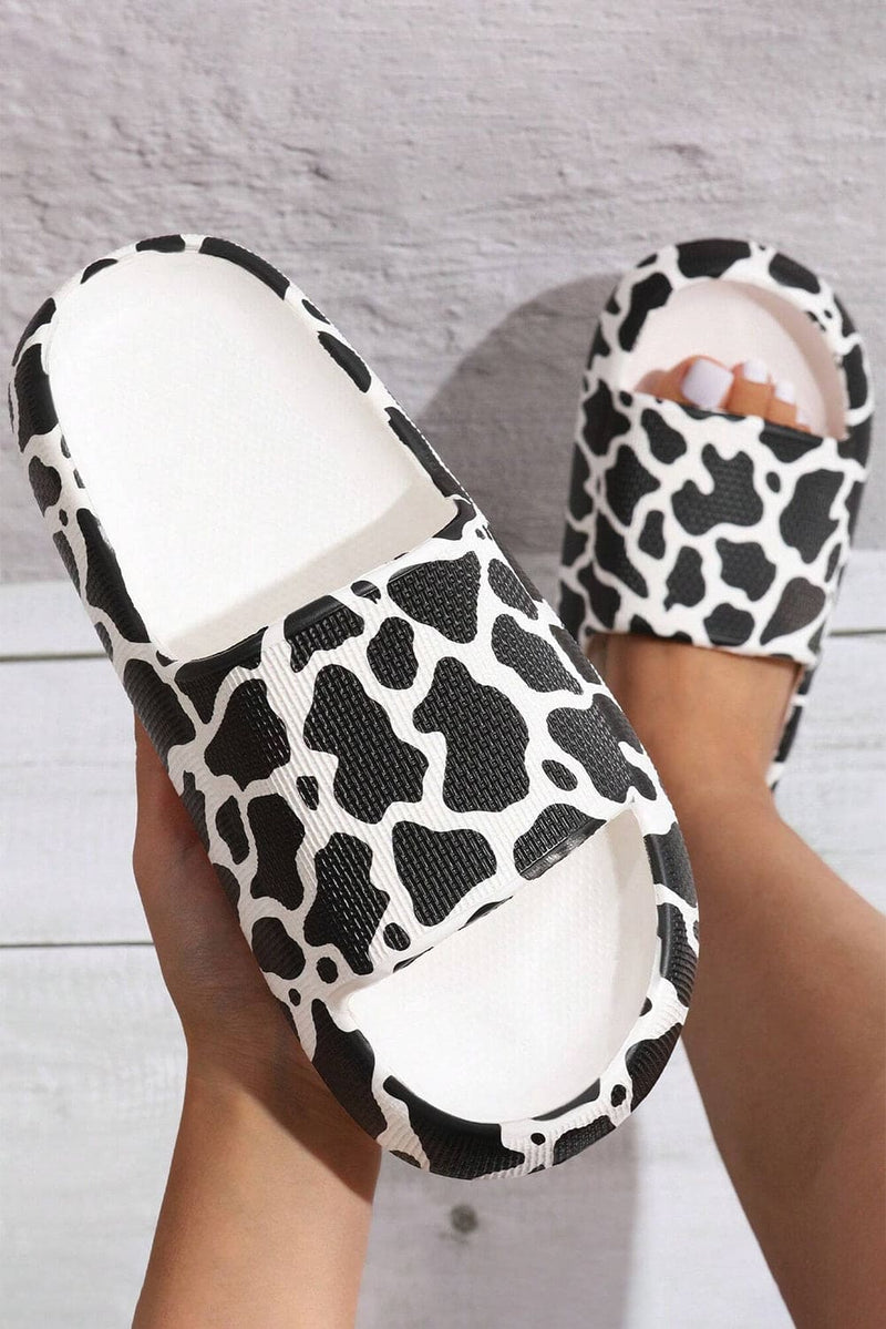White Casual Animal Spots Print Open Toe Thick Flat Slippers