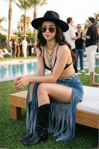 Cochella Bohemian Rhapsody Fringe Denim Skirt