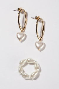 Pearl ring and heart shape pearl earring set