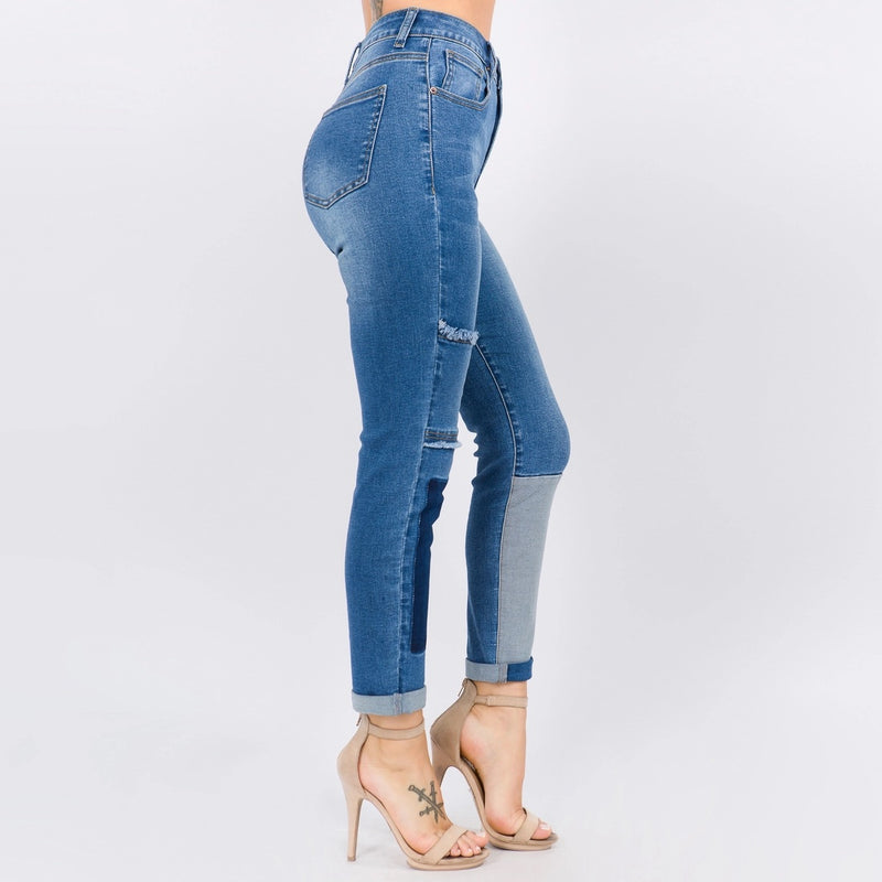 High Waist Block Patched Skinny Jeans - LURE Boutique