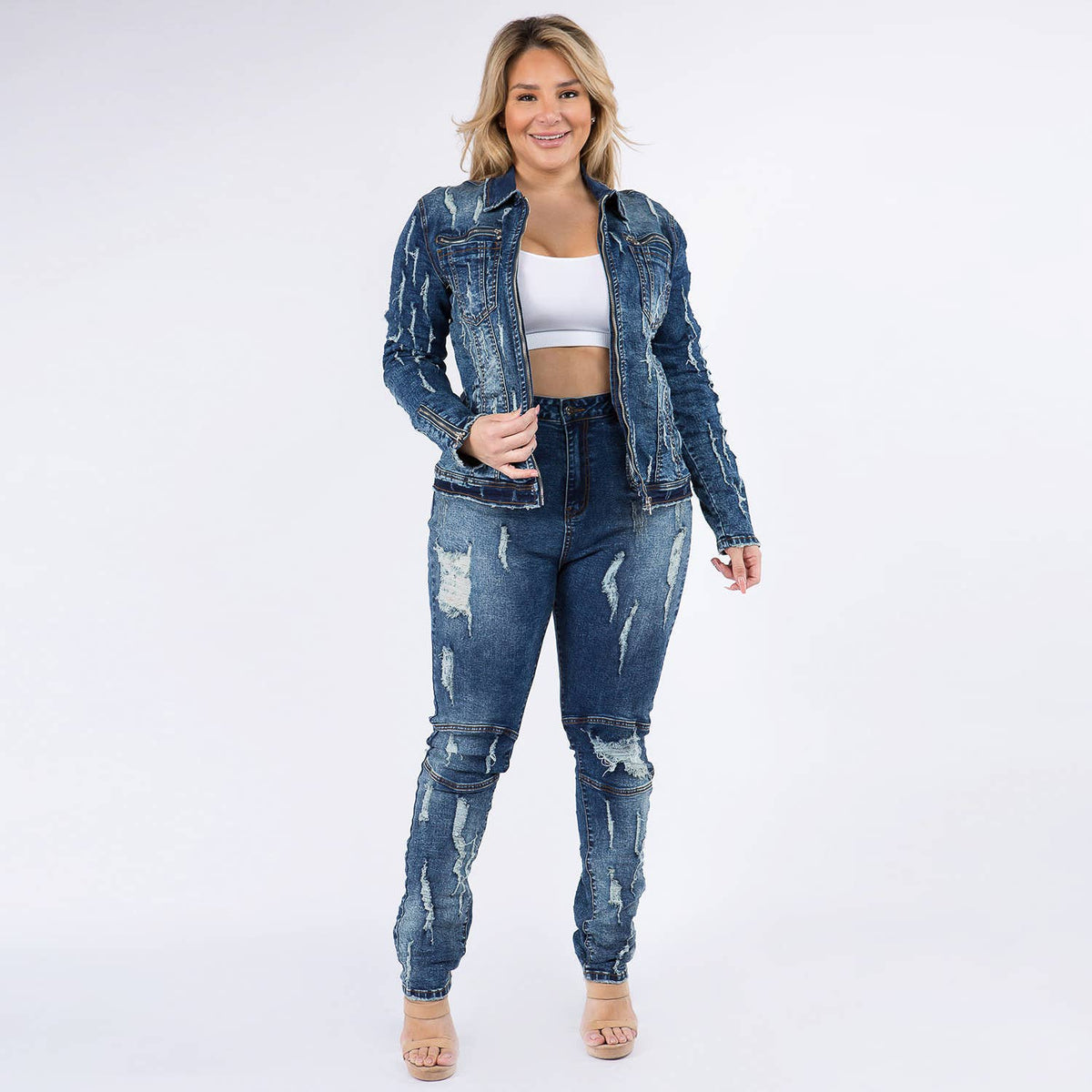 Distressed Denim Jean Jacket Set - LURE Boutique