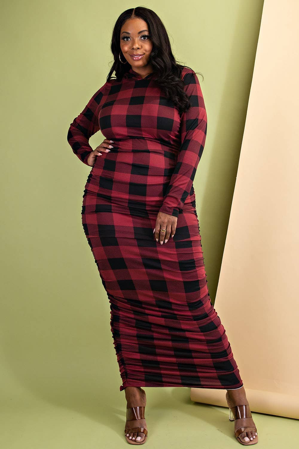 PLUS SIZE PLAID SIDE RUCHED HOODED MAXI DRESS - LURE Boutique