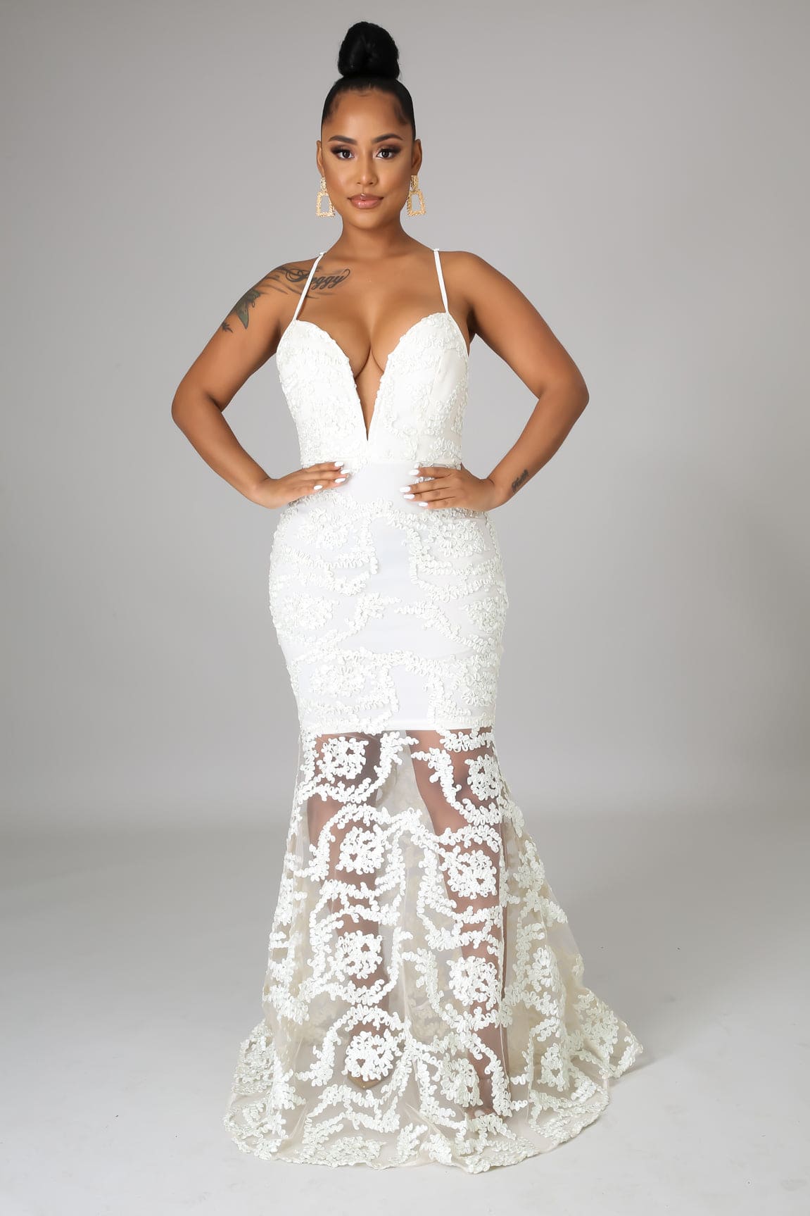 ribbon swirl mermaid dress ribbon swirl mermaid dress Final Sale Plus Size Gown with Deep V and Mermaid Bottom in Ivory